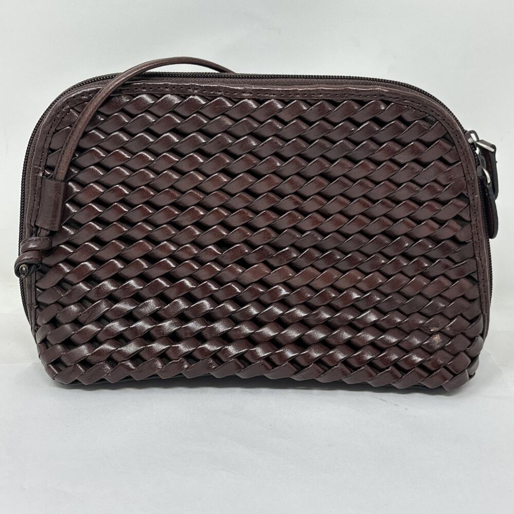 HOBO International Brown Woven Leather Crossbody Bag Double Zip Shoulder Purse
